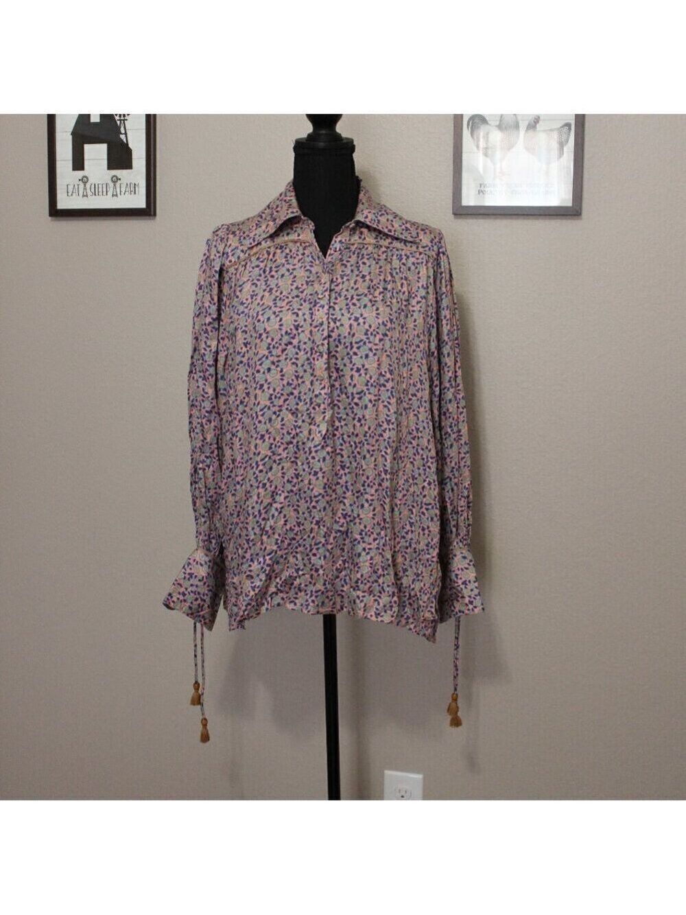 Omika Womens NWOT Printed Blouse Pink Blue Cuff Tassels Boho Peasant Size Large